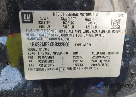 2011 GMC Yukon Xl 1500 Denali из США, поврежденный, VIN 1GKS2MEFXBR332506